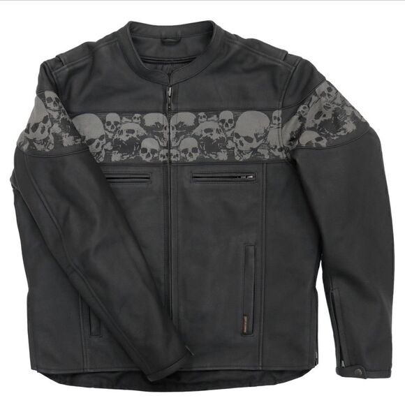 Men's Reflective Skull Leather Biker Jacket - Picture 8 of 9